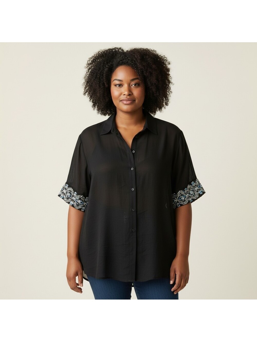New Canee's Shirt Women XL Black Button Up Collared Short Sleeve Rayon Casual
